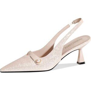 🆕Rose Gold Faux Leather Slingback Kitten Heels, Pearl Accent, Closed Toe Pumps